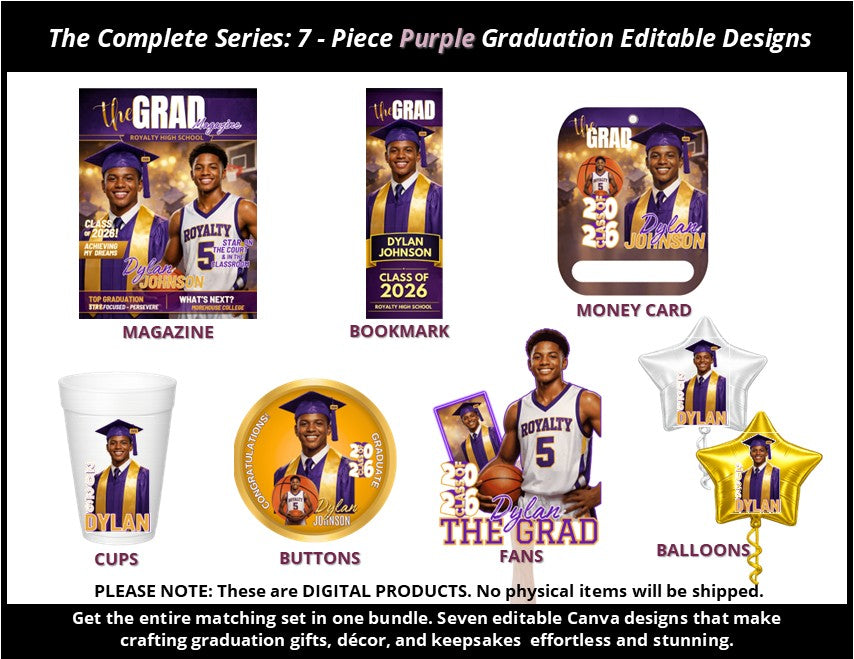 The Complete Series: 7 - Piece Purple Graduation Editable Designs